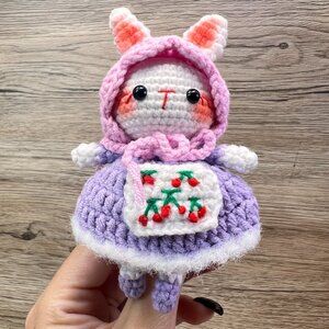 Handmade Amigurumi Crochet Bunny in Hood and Purple Dress Plushie